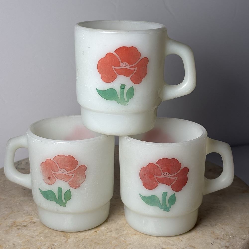 3 Fire King Milk‎ Glass Mugs Red Flower Poppy Dishwasher Damage